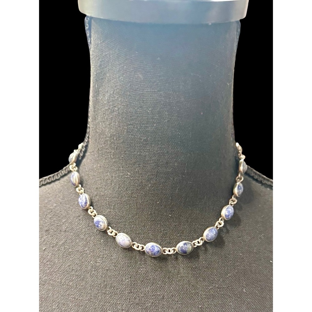 950 Silver Sodalite Station Necklace Toggle Clasp Blue Stone 18"